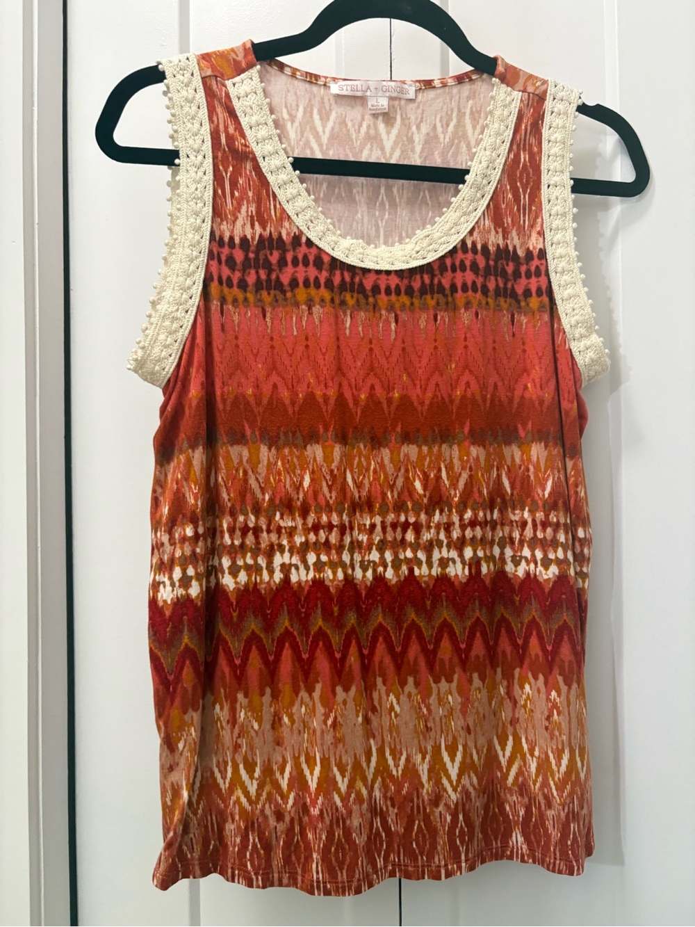 Stella & Jamie Rust Ikat BOHA Sleeveless Tank with Lace Trim size L